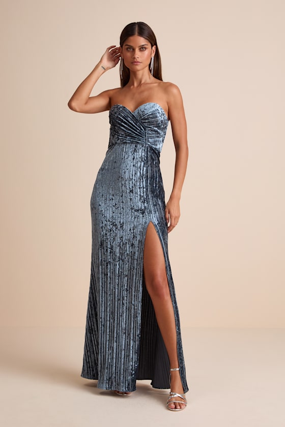 Classy Sensation Slate Velvet Pleated Strapless Maxi Dress 1