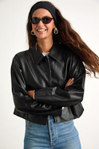 Mariely Black Vegan Leather Button-Front Cropped Jacket 1