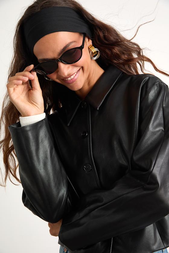 Mariely Black Vegan Leather Button-Front Cropped Jacket 2