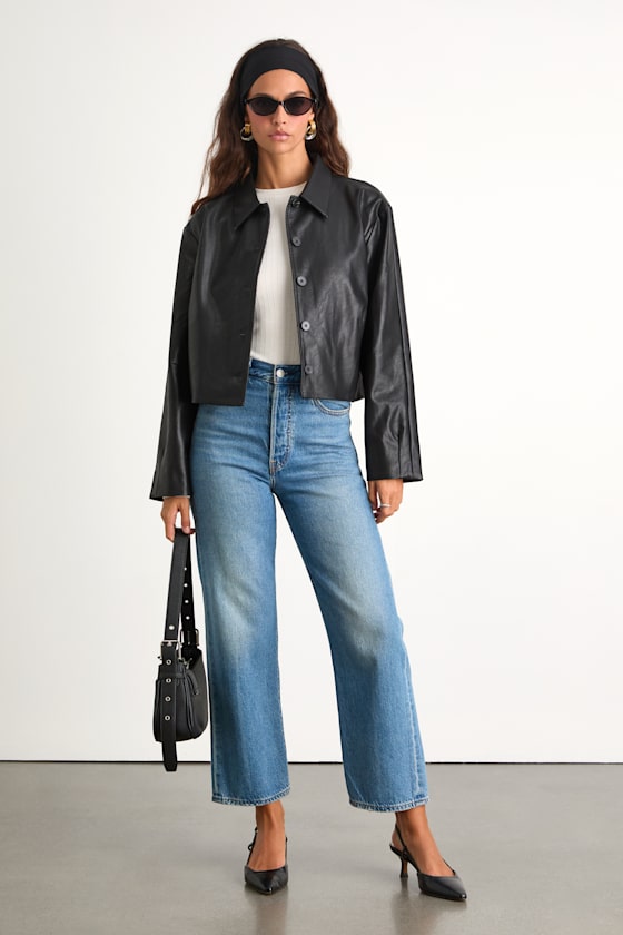 Lulus Mariely Black Vegan Leather Button-front Cropped Jacket In Black