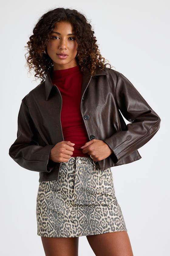 Mariely Brown Vegan Leather Button-Front Cropped Jacket 1