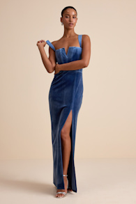Pristine Luxury Blue Velvet Bustier Maxi Dress 1