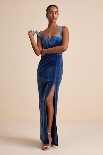 Pristine Luxury Blue Velvet Bustier Maxi Dress 1