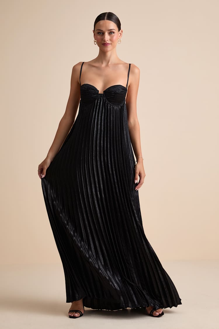Brilliant Allure Black Pleated Maxi Dress
