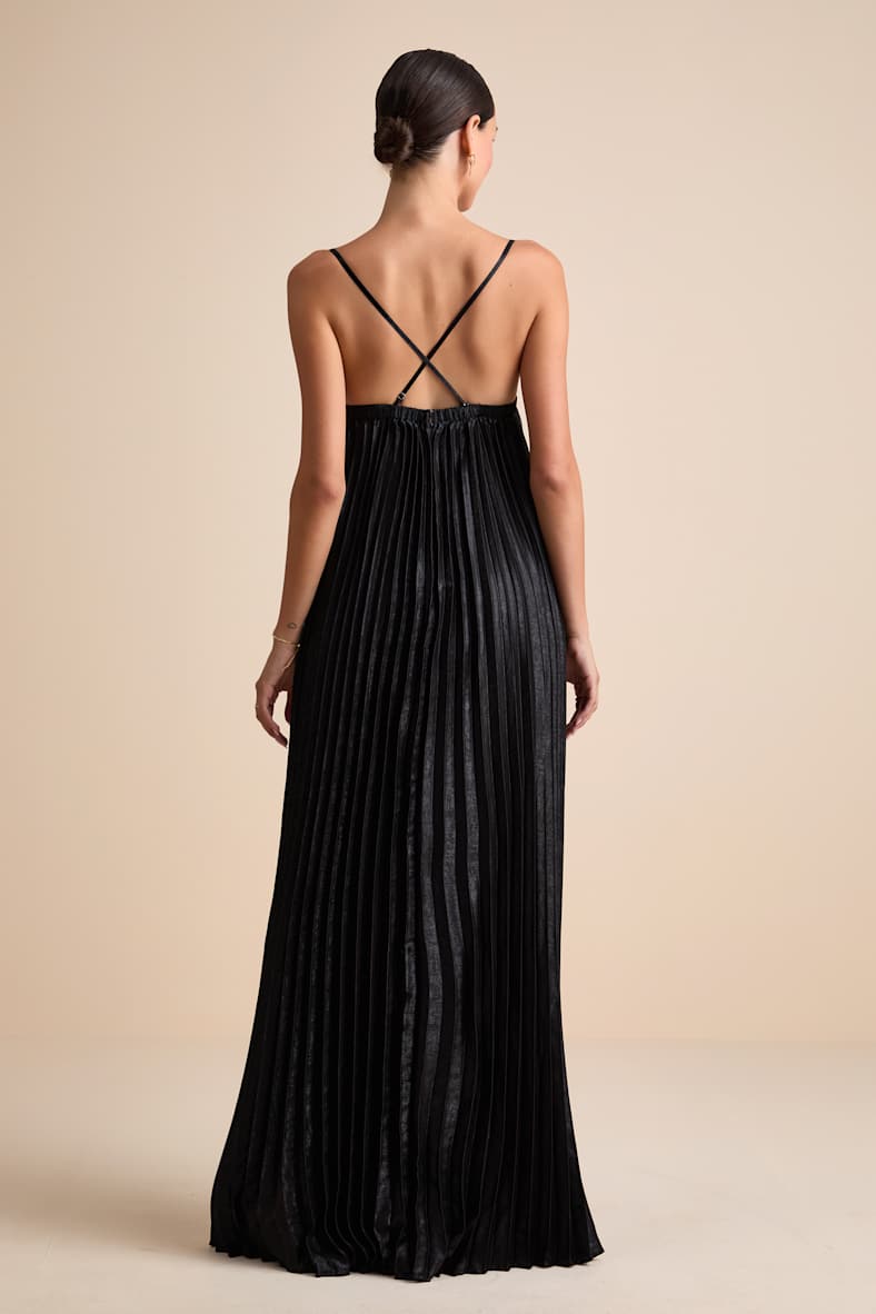 Brilliant Allure Black Pleated Maxi Dress