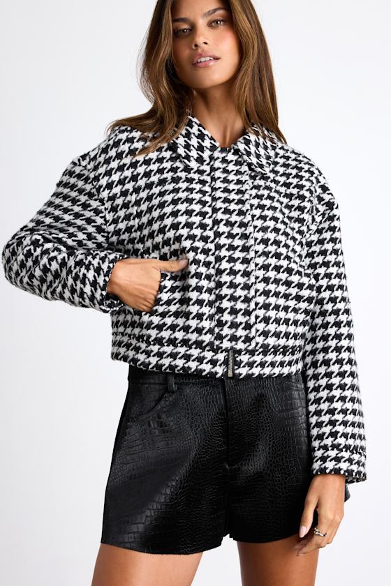 Black & White Houndstooth Jacket - Tweed Jacket - Cropped Jacket - Lulus