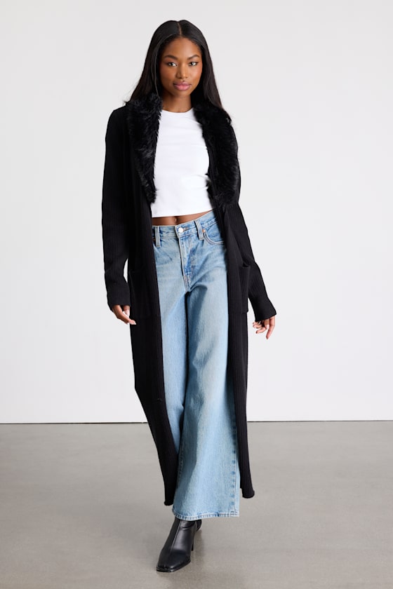 Ramona Black Faux Fur Collar Sweater Coat 1