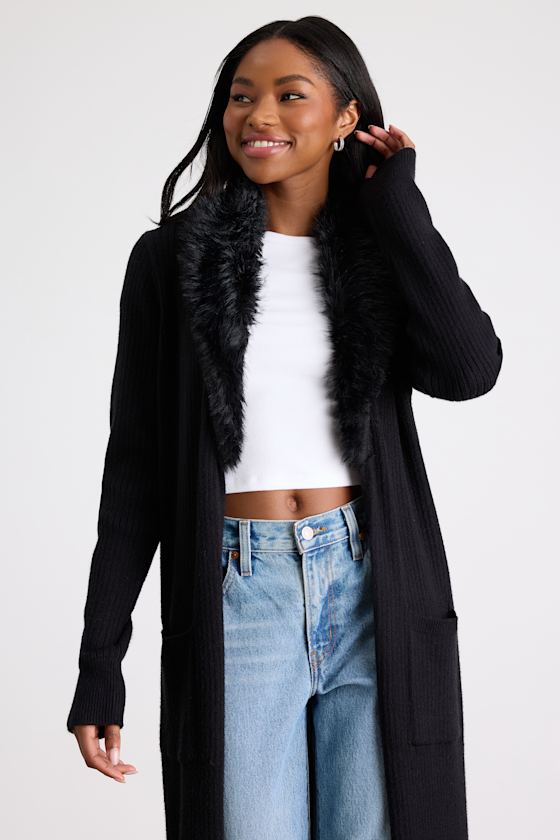 Black Sweater Coat - Faux Fur Collar Coat - Longline Coatigan - Lulus