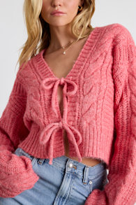 Khailyn Coral Pink Cable Knit Tie-Front Cardigan Sweater 1