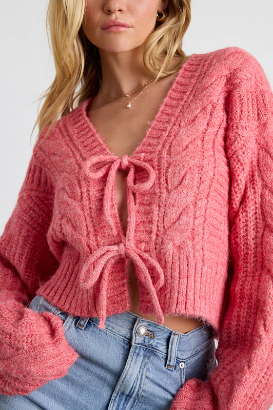 Khailyn Coral Pink Cable Knit Tie-Front Cardigan Sweater 1