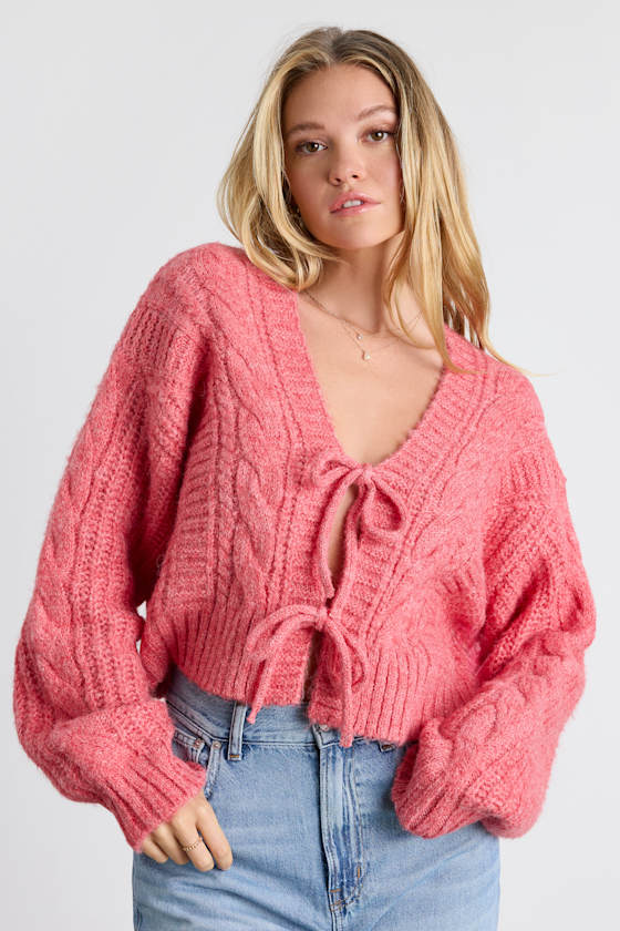Khailyn Coral Pink Cable Knit Tie-Front Cardigan Sweater 2