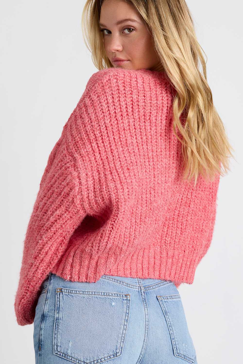 Khailyn Coral Pink Cable Knit Tie-Front Cardigan Sweater