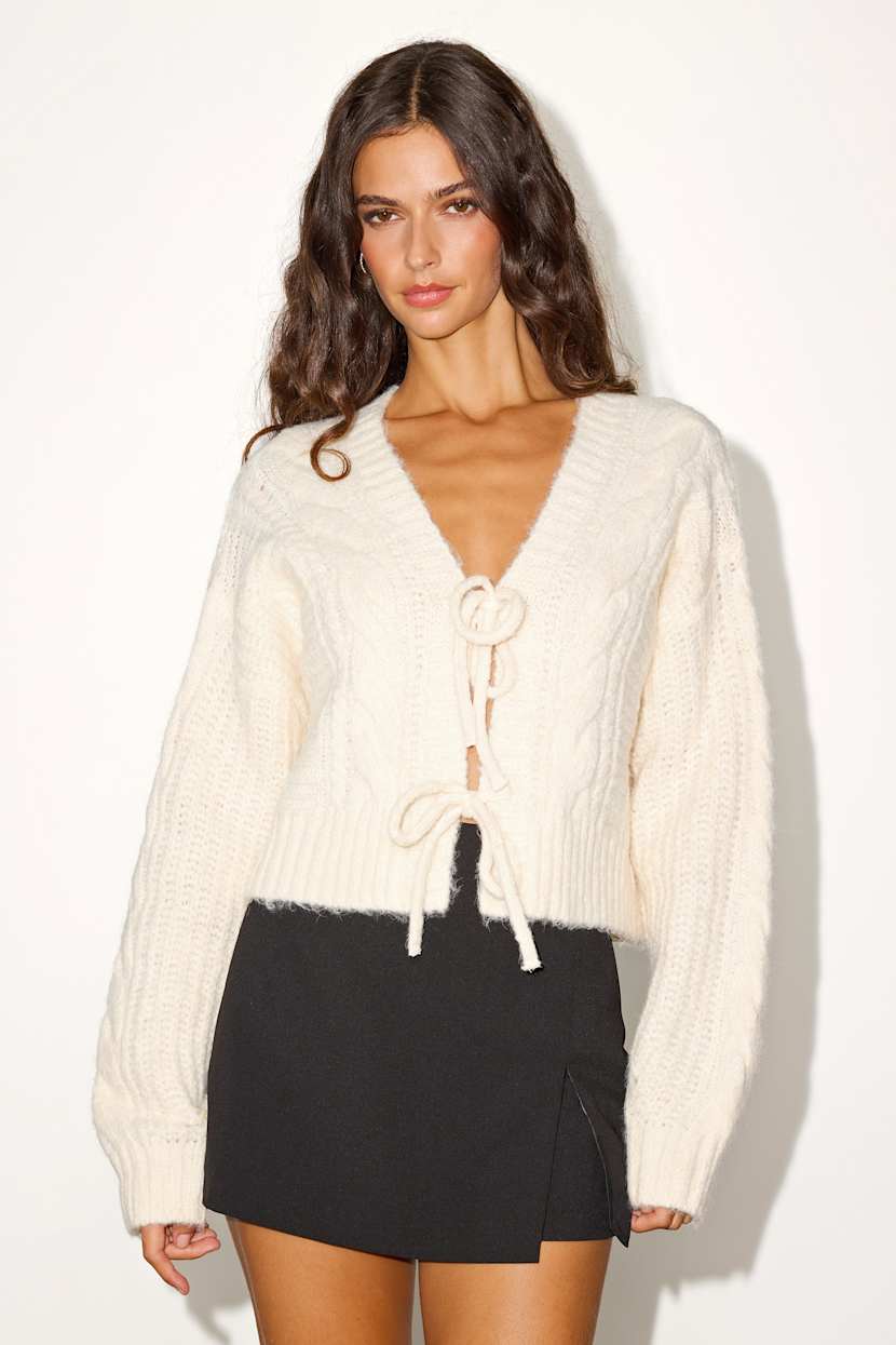 Khailyn Ivory Cable Knit Tie-Front Cardigan Sweater