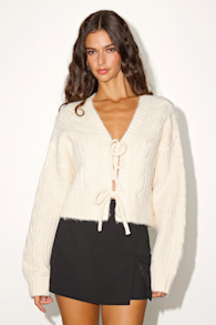Khailyn Ivory Cable Knit Tie-Front Cardigan Sweater 1