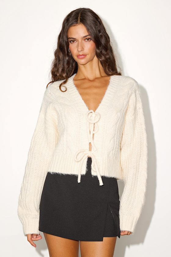 Khailyn Ivory Cable Knit Tie-Front Cardigan Sweater 1