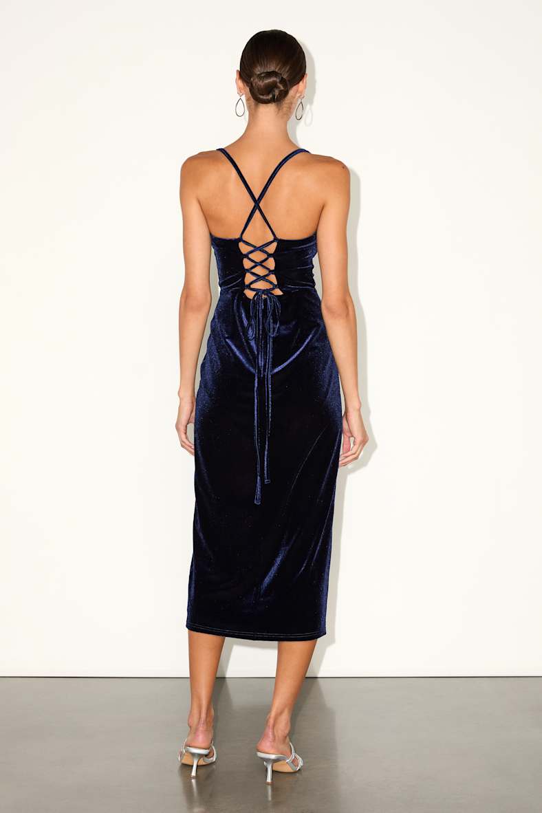 Gorgeous Composure Navy Velvet Lace-Up Sleeveless Midi Dress