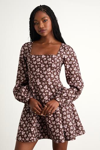 Daily Affection Brown Floral Corduroy Mini Dress With Pockets 1