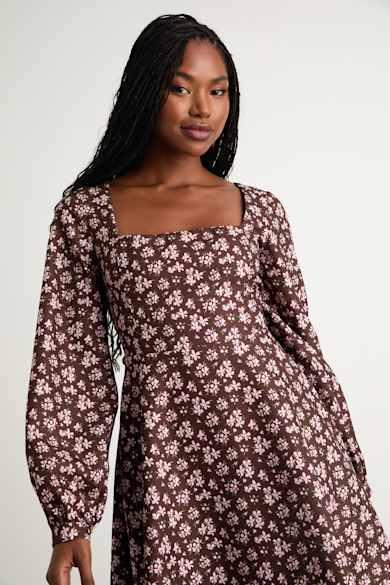 green emerald velvet dress Brown Warm Cotton Waffle Fit and Flare Balloon Sleeves Maxi Dress 26" / Custom Height (Free)
