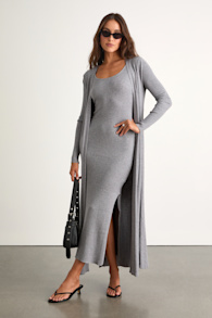 Layer Lover Heather Grey Ribbed Midi Dress & Cardigan Set 1