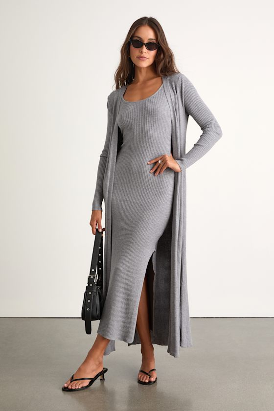 Layer Lover Heather Grey Ribbed Midi Dress & Cardigan Set 1