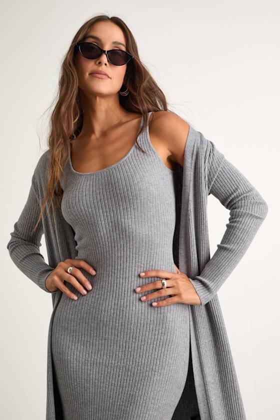 Heather Grey Sweater Dress - Cardigan & Dress Set - Midi Dress - Lulus