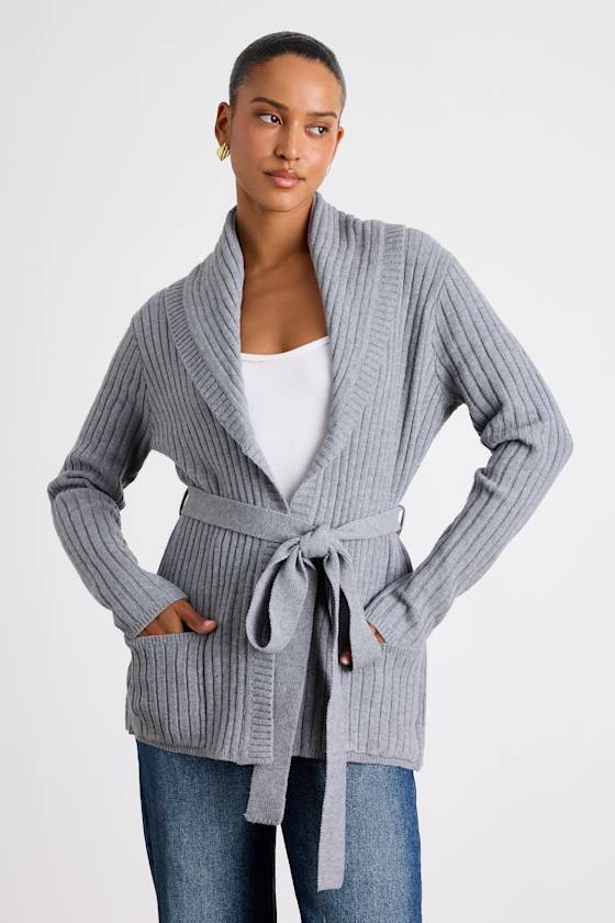 Sierra Grey Ribbed Knit Open-Front Cardigan 1