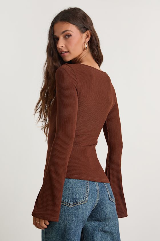 Maelis Dark Brown Ribbed Knit Long Sleeve Boat Neck Top - thumbnail 3