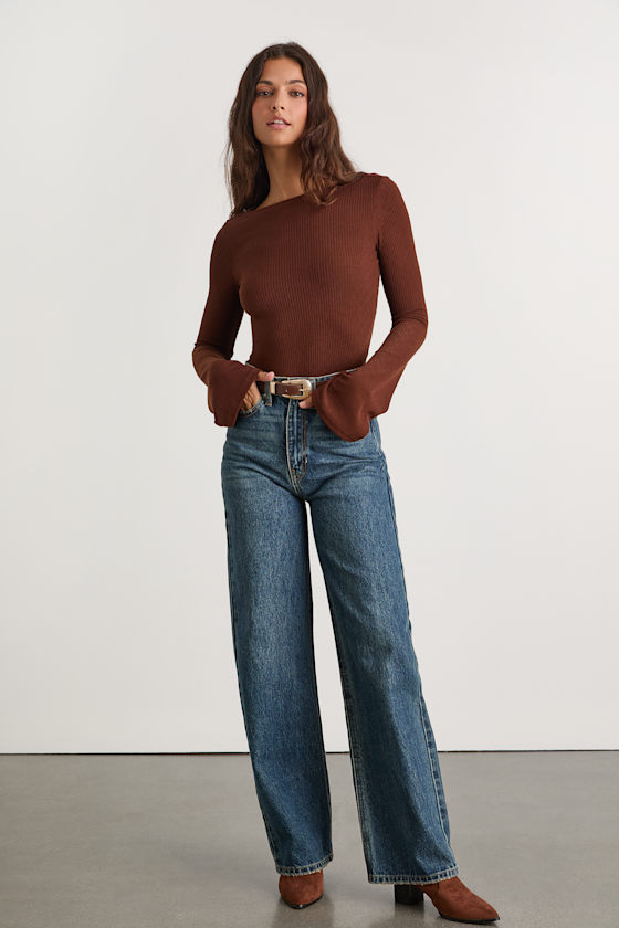 Maelis Dark Brown Ribbed Knit Long Sleeve Boat Neck Top - thumbnail 4