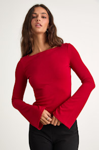 Maelis Red Ribbed Knit Long Sleeve Boat Neck Top 1