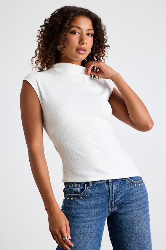 Ivory Ribbed Top - Asymmetrical Mock Neck Top - Cap Sleeve Top - Lulus