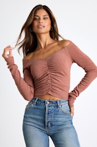 Elidah Heathered Mauve Knit Ruched Long Sleeve Crop Top 1