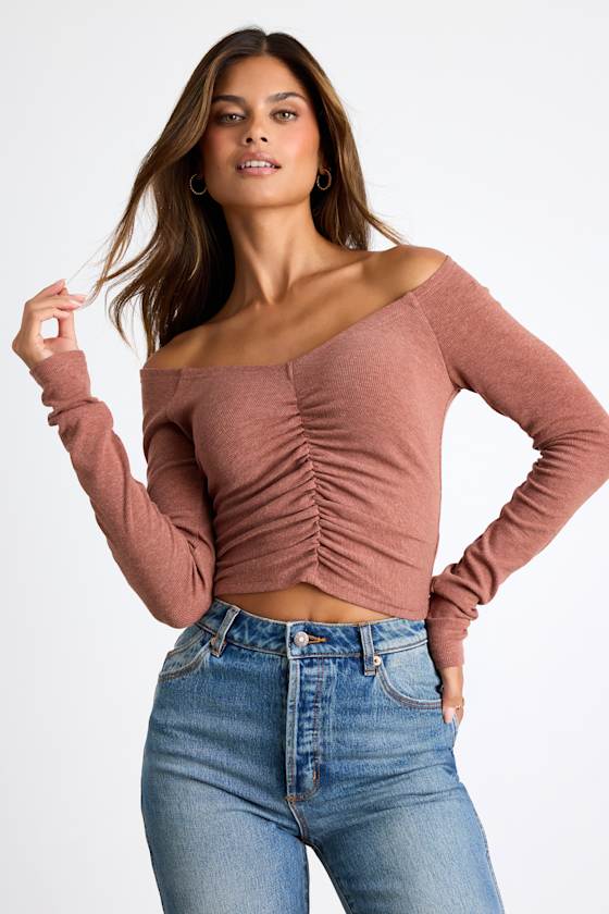 Elidah Heathered Mauve Knit Ruched Long Sleeve Crop Top 1