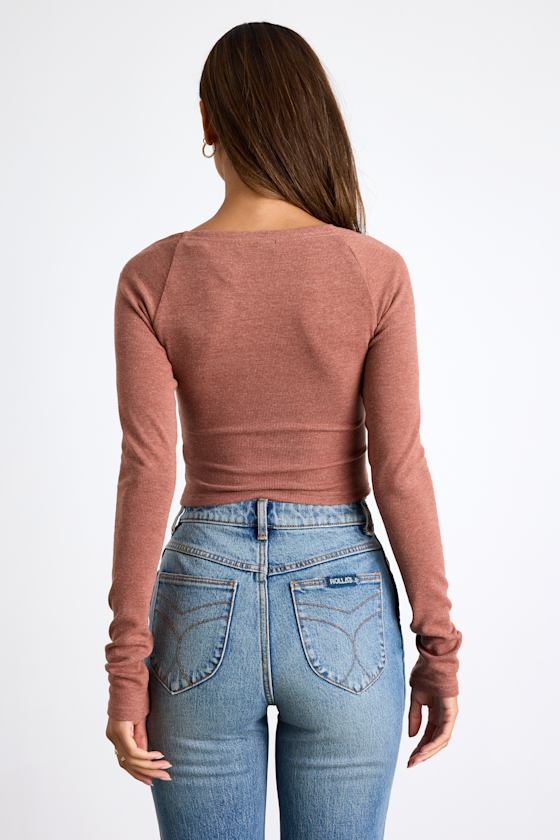 Elidah Heathered Mauve Knit Ruched Long Sleeve Crop Top 2