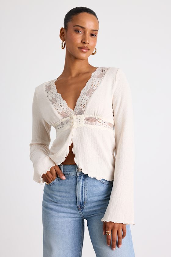 Jordy Ivory Lace Long Sleeve Sweater Top 1