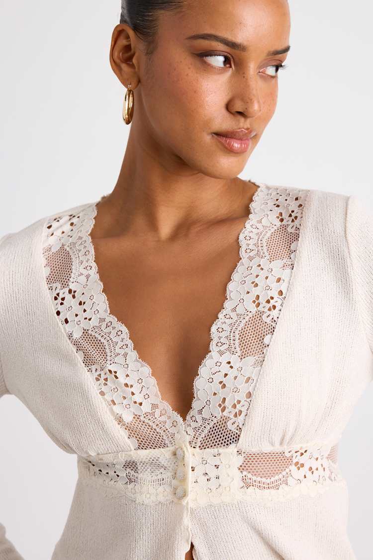 Jordy Ivory Lace Long Sleeve Sweater Top