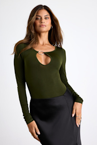 Ramia Forest Green Slinky Knit Cutout Long Sleeve Bodysuit 1