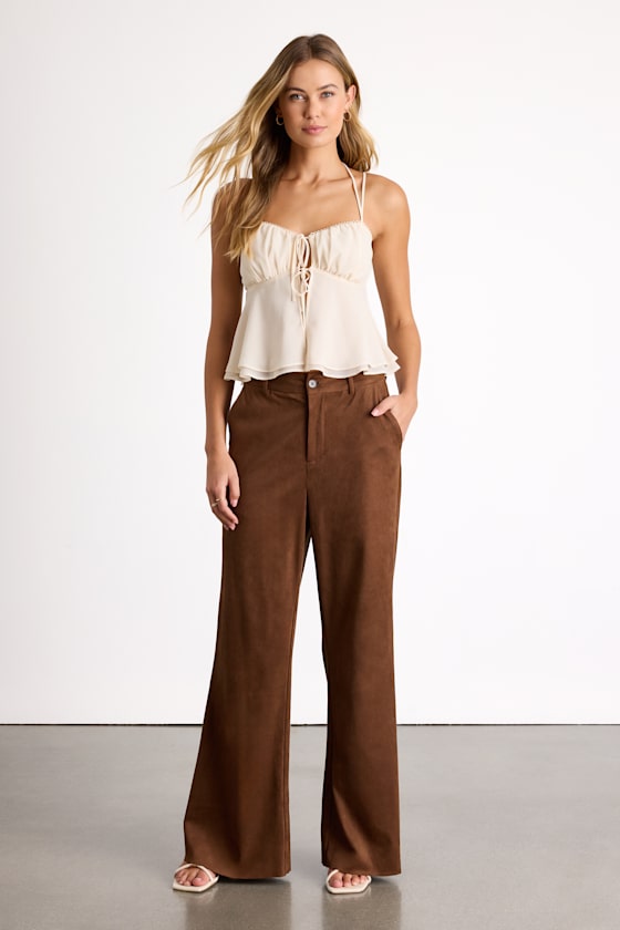Brown Pants - Wide-Leg Vegan Suede Pants - High-Rise Pants - Lulus