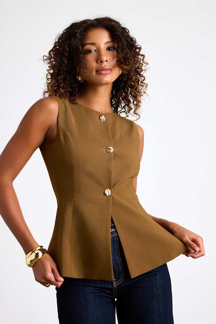 Anslie Brown Button-Front Peplum Vest Top