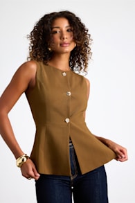 Anslie Brown Button-Front Peplum Vest Top 1