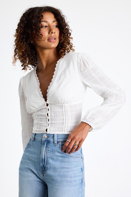 Keyra Ivory Button-Front Balloon Sleeve Crop Top 1