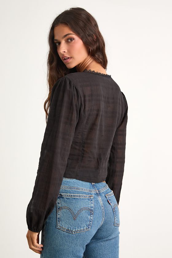 Black Long Sleeve Top - Button-Front Crop Top - Lace Trimmed Top