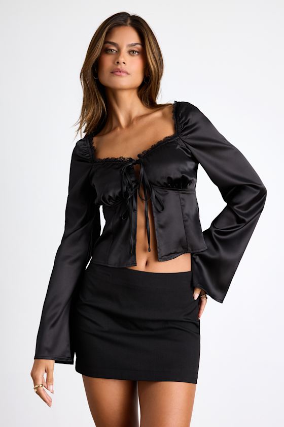 Bess Black Satin Tie-Front Long Sleeve Top 1