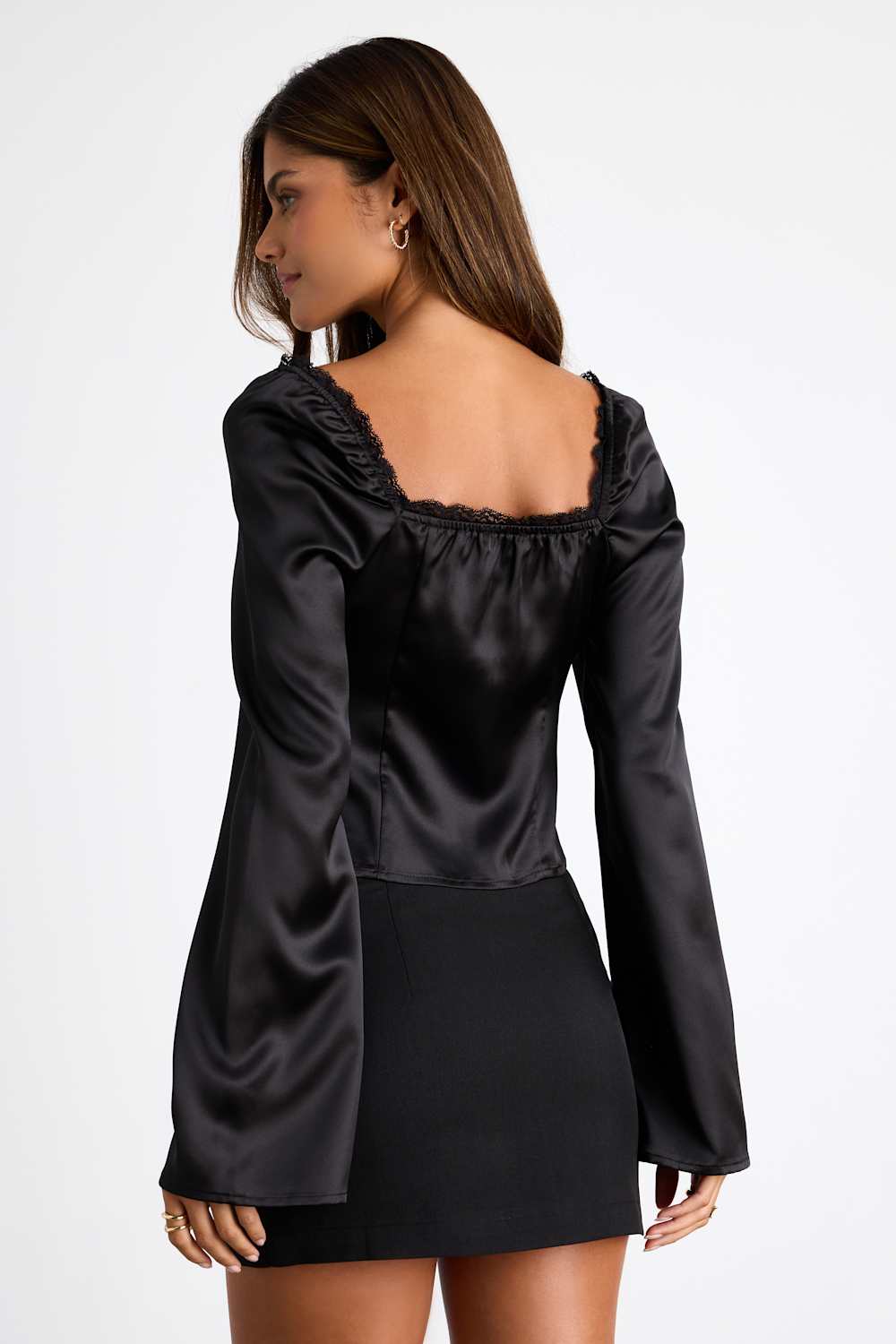 Bess Black Satin Tie-Front Long Sleeve Top