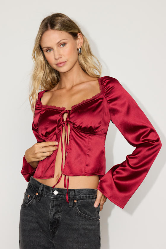 Bess Red Satin Tie-Front Long Sleeve Top 1