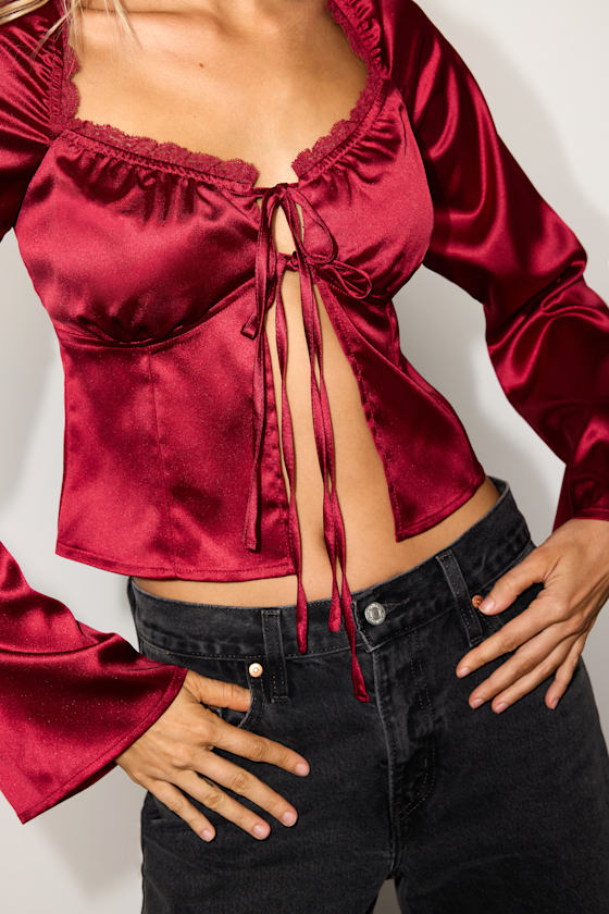 Bess Red Satin Tie-Front Long Sleeve Top 2