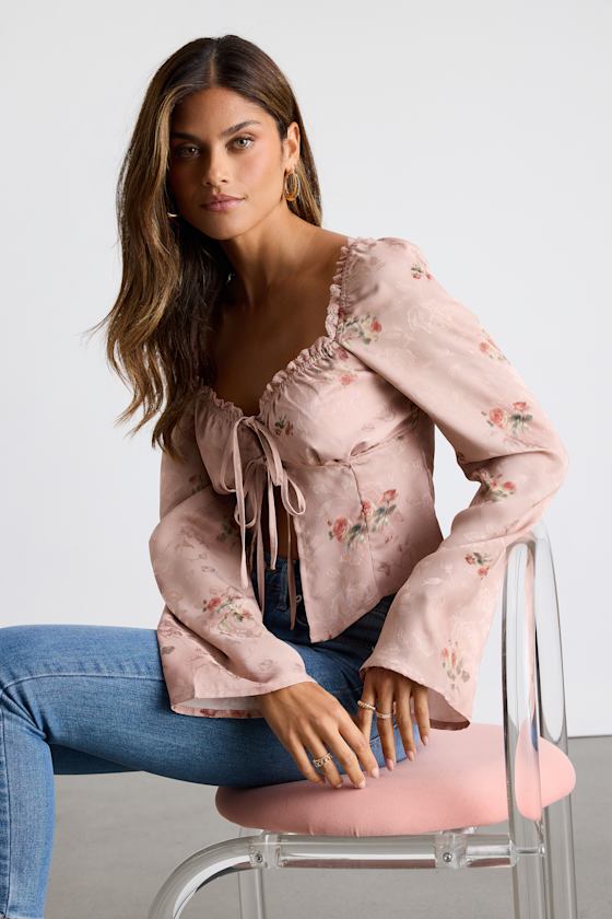 Bess Blush Pink Floral Satin Jacquard Tie-Front Long Sleeve Top 1