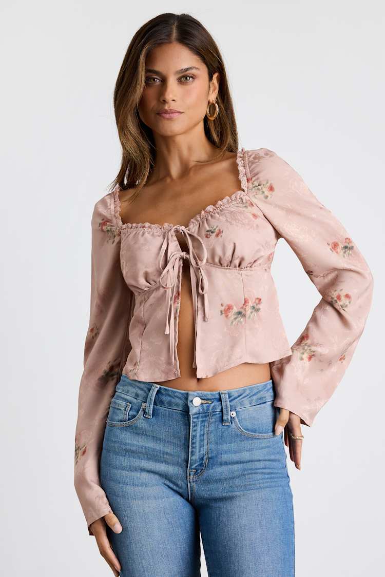Bess Blush Pink Floral Satin Jacquard Tie-Front Long Sleeve Top