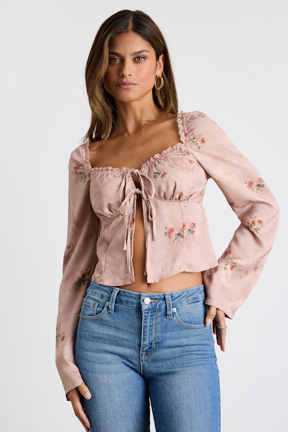 Bess Blush Pink Floral Satin Jacquard Tie-Front Long Sleeve Top 2