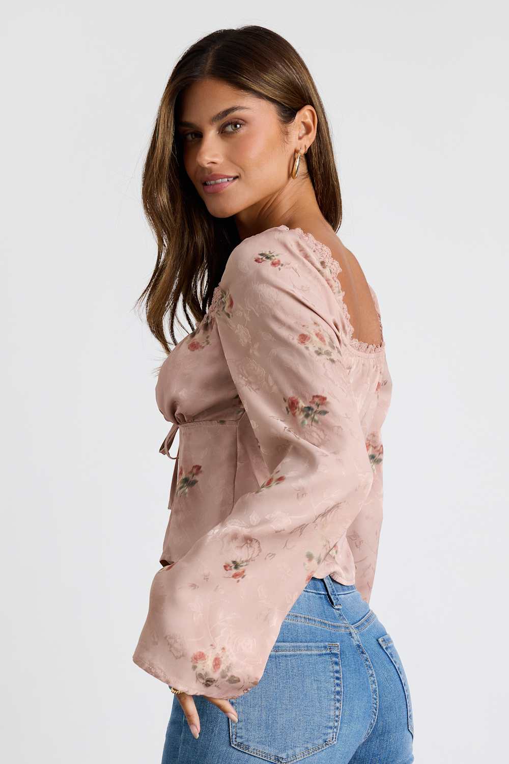 Bess Blush Pink Floral Satin Jacquard Tie-Front Long Sleeve Top