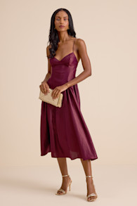 Paride Shiny Plum Gathered Lace-Up Midi Dress 1